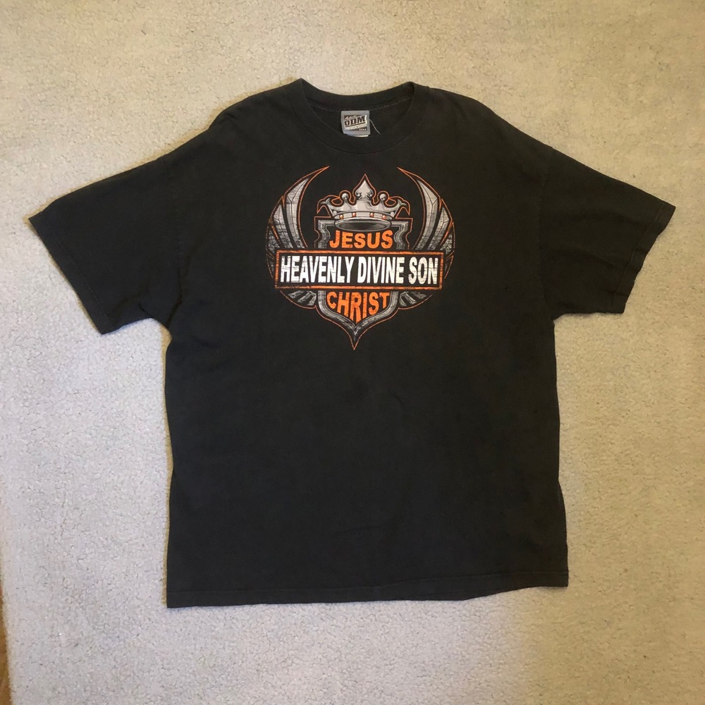 Vtg ODM Jesus Heavenly Divine Son Christ Graphic T-Shirt Black 2XL‎ Cotton